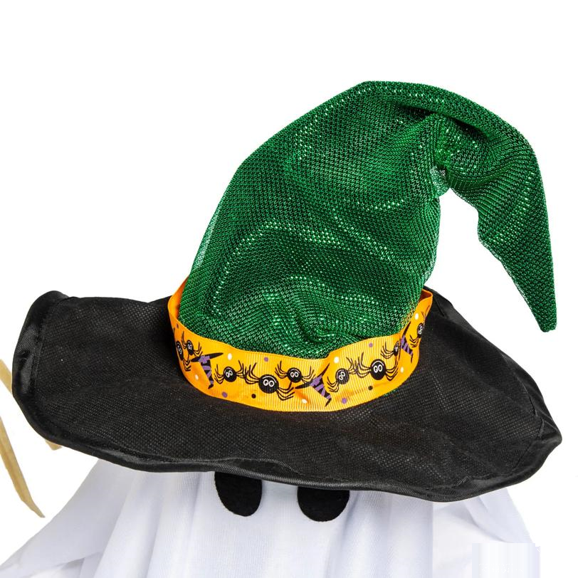29" Light-Up Standing Ghost with Witch Hat & Broom Halloween Decoration