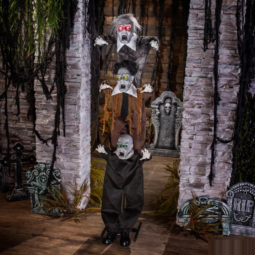 5 Ft. 8" Animated Light-Up Three Stacked Zombies with Sound Halloween Decoration