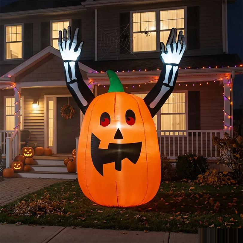Inflatable Light-Up Pumpkin with Skeleton Arms Halloween Outdoor Decoration - 7 ft