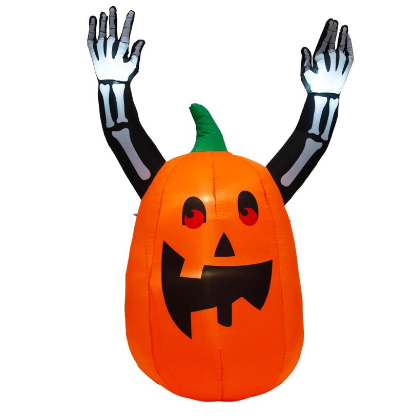 Inflatable Light-Up Pumpkin with Skeleton Arms Halloween Outdoor Decoration - 7 ft