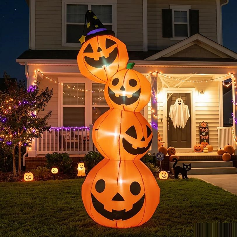 Inflatable Light-Up Stacked Jack-O'-Lanterns with Hat Halloween Outdoor Decoration - 7 ft