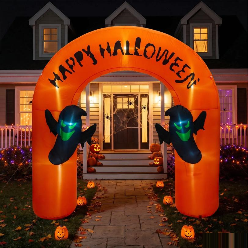 Inflatable Light-Up Happy Halloween Arch with Ghosts Outdoor Decoration - 9 ft