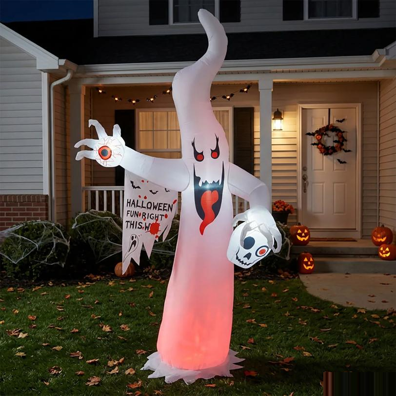 Inflatable Light-Up Ghost Holding Eyeball & Skull Halloween Outdoor Decoration - 6 ft