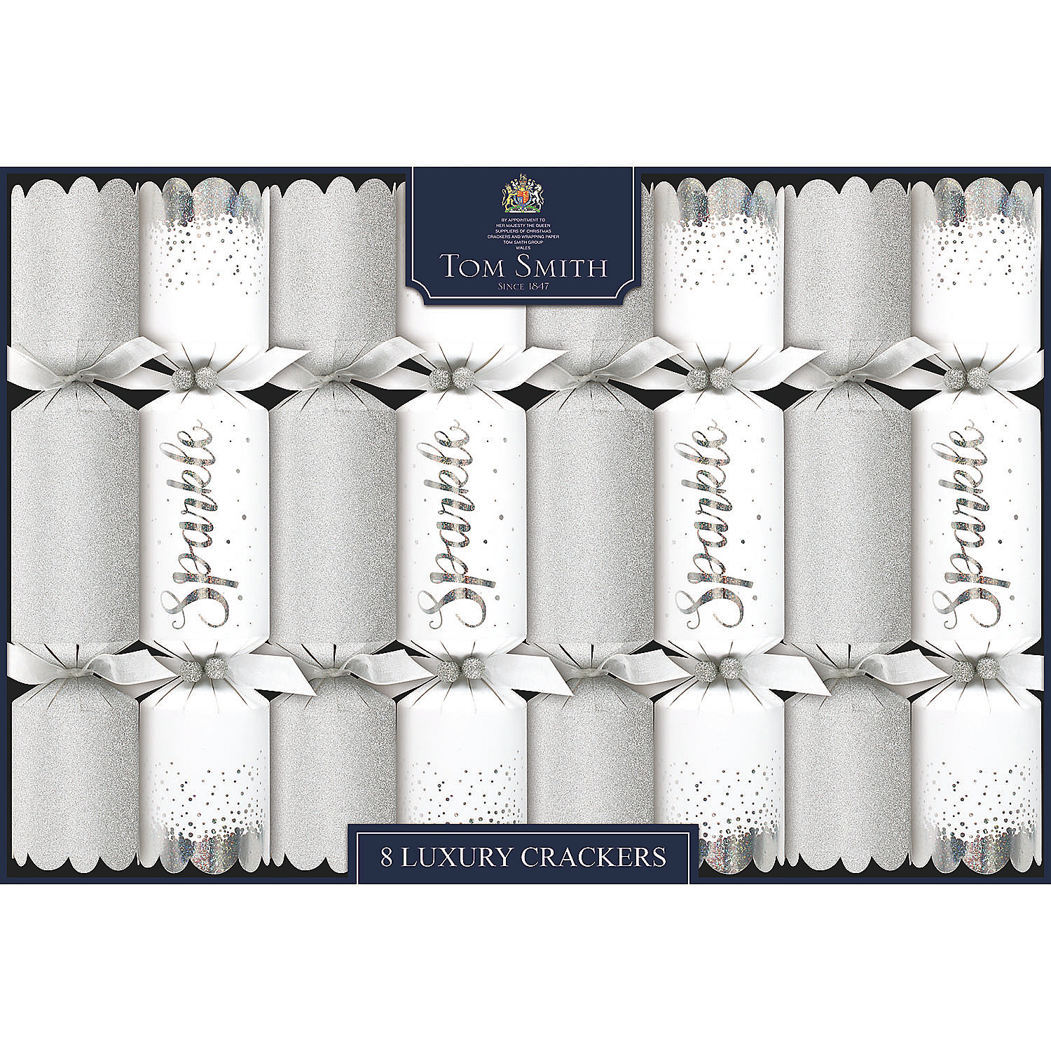 8" Tom Smith Silver & White Sparkle Luxury Christmas Party Crackers - 8 Pc.