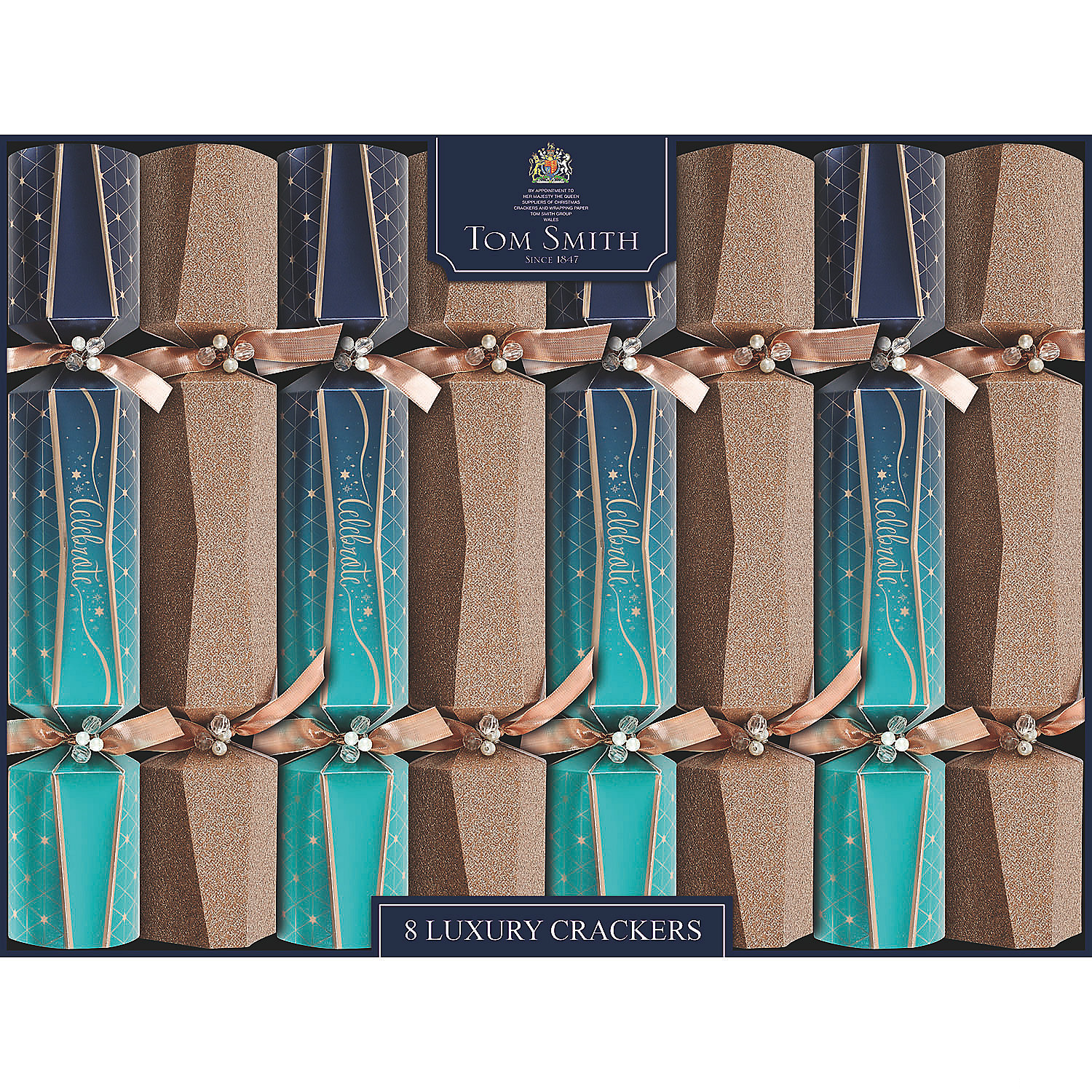 8" Tom Smith Blue & Gold Celebrate Luxury Christmas Party Crackers - 8 Pc.
