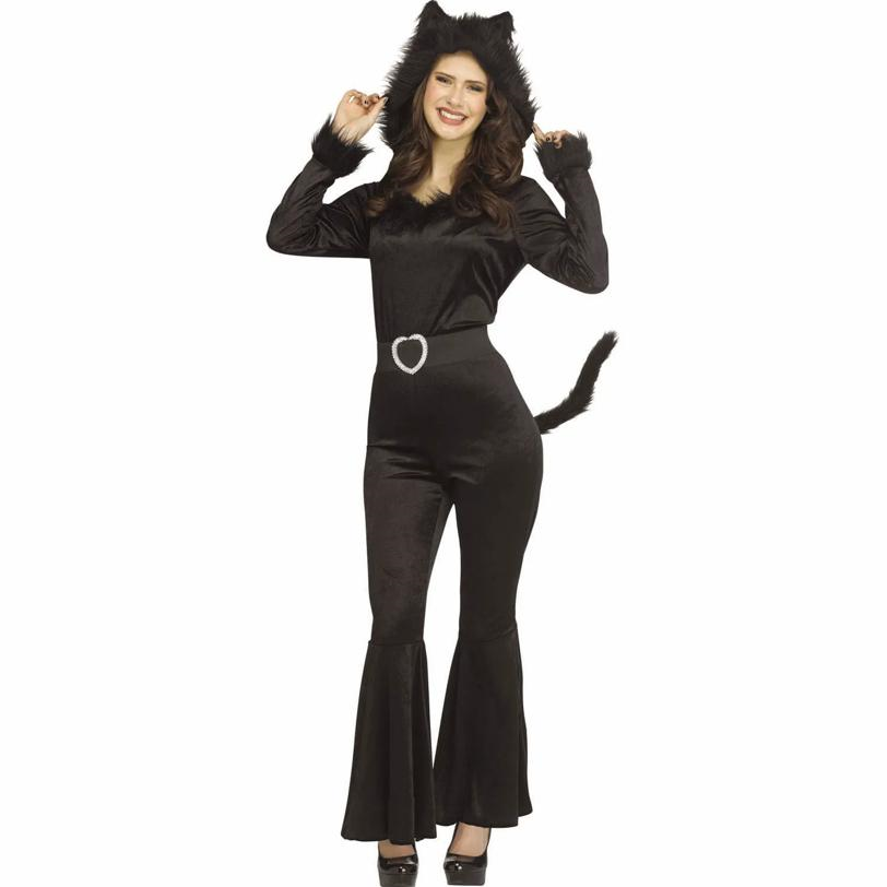 Adults Black Cat Hooded Jumpsuit Costume
