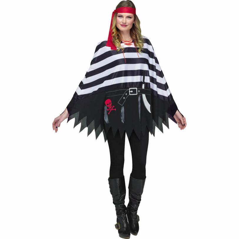 Adults Pirate Black, White & Red Polyester Poncho-One Size Costume