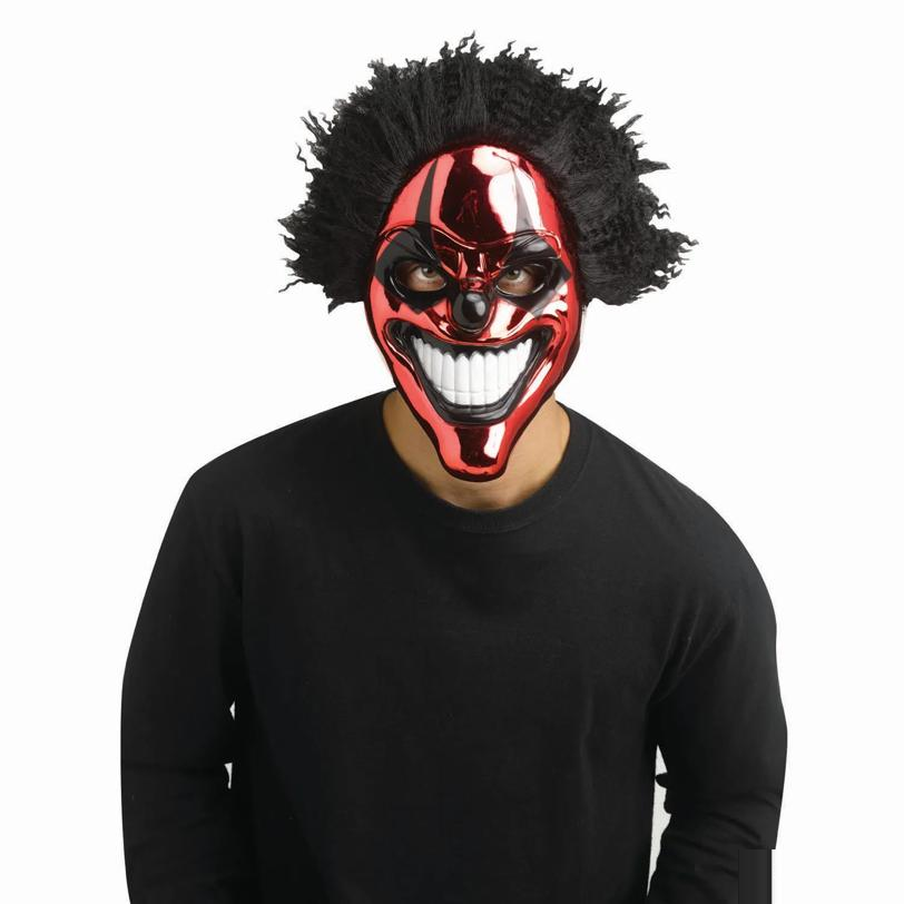 Adults Red Chrome Evil Clown Full Mask with Black Hair - One Size