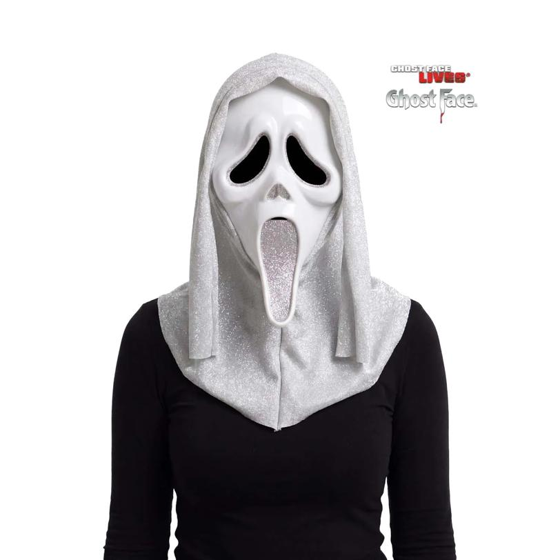 Adults Ghost Face Silver Glitter Full Face Mask with Hood