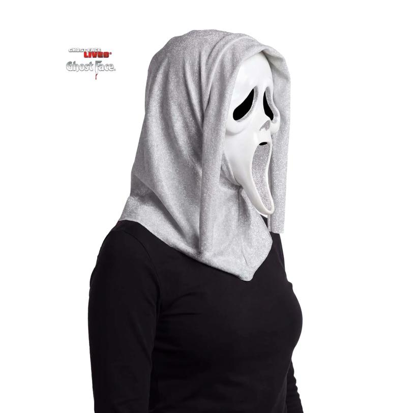 Adults Ghost Face Silver Glitter Full Face Mask with Hood