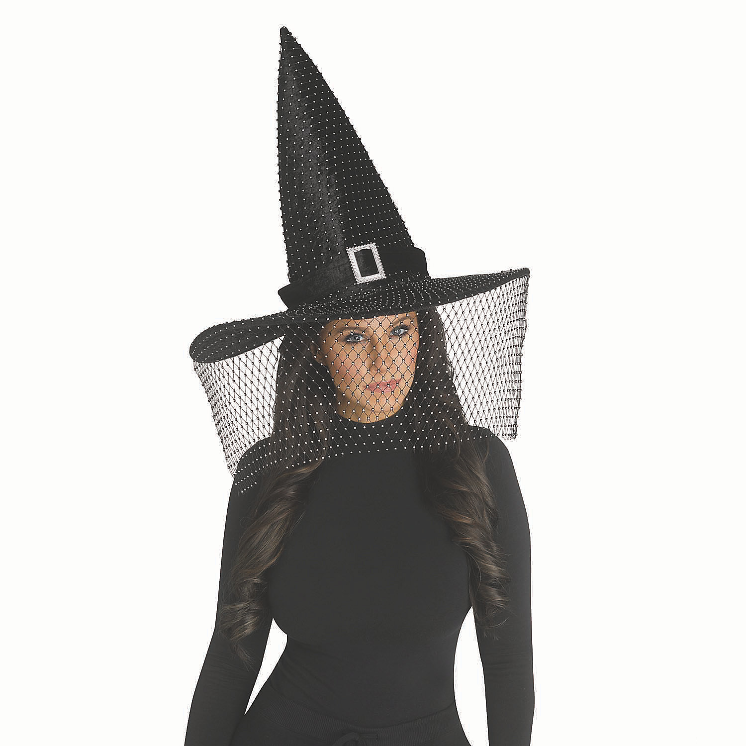 Adults Black Polyester Witch Hat with Bling Buckle and Netted Veil Costume Accessory