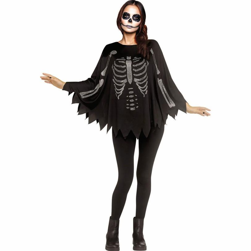 Adults Rhinestone Bling Skeleton Black Poncho Costume