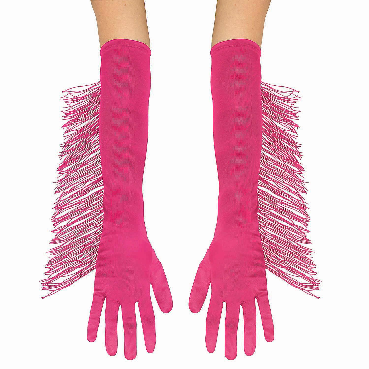 Adults Long Polyester Gloves with Pink Fringe Costume Accessory