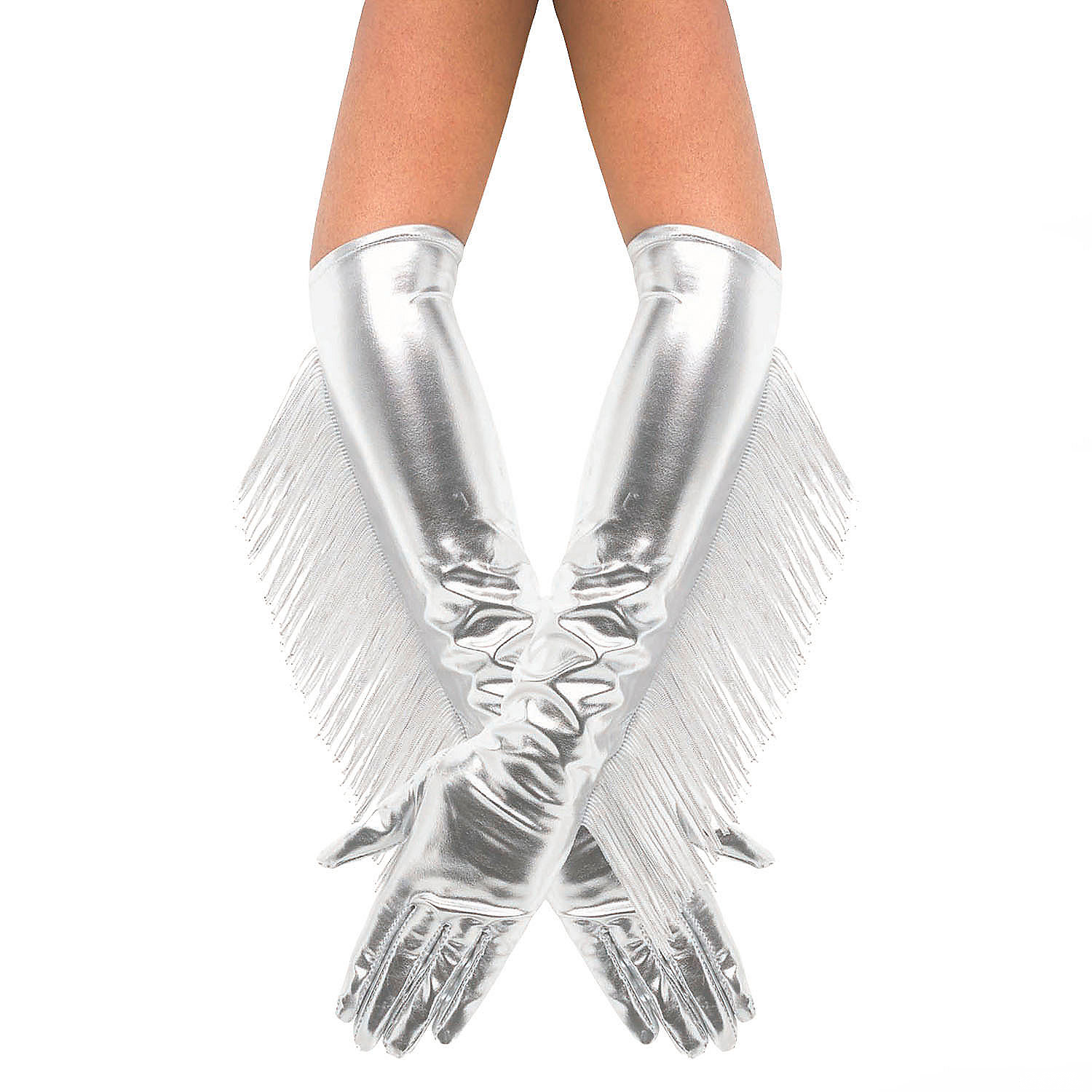 Adults Metallic Silver Fringe Long Gloves Costume Accessory