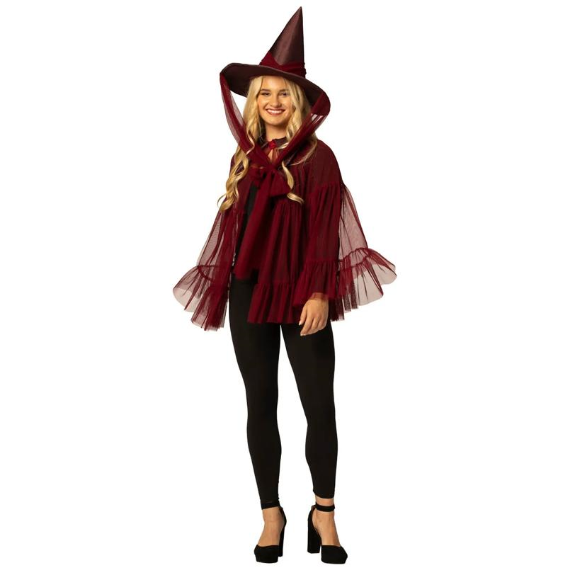 Adults Burgundy Witch Hat & Cape Costume