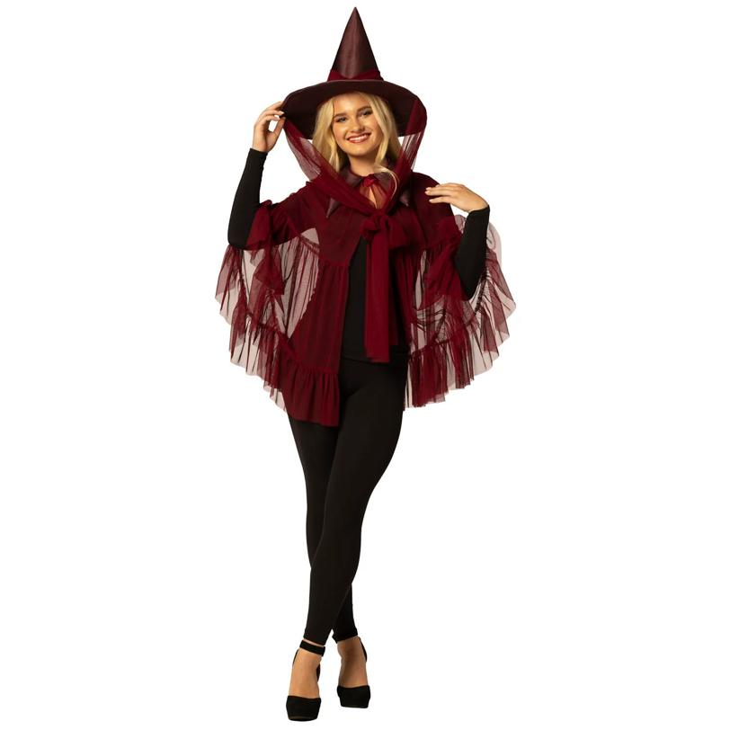 Adults Burgundy Witch Hat & Cape Costume