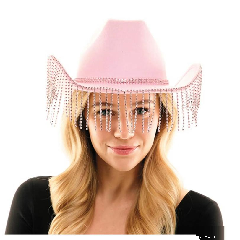 Adults Pink Cowboy Hat with Rhinestone Fringe