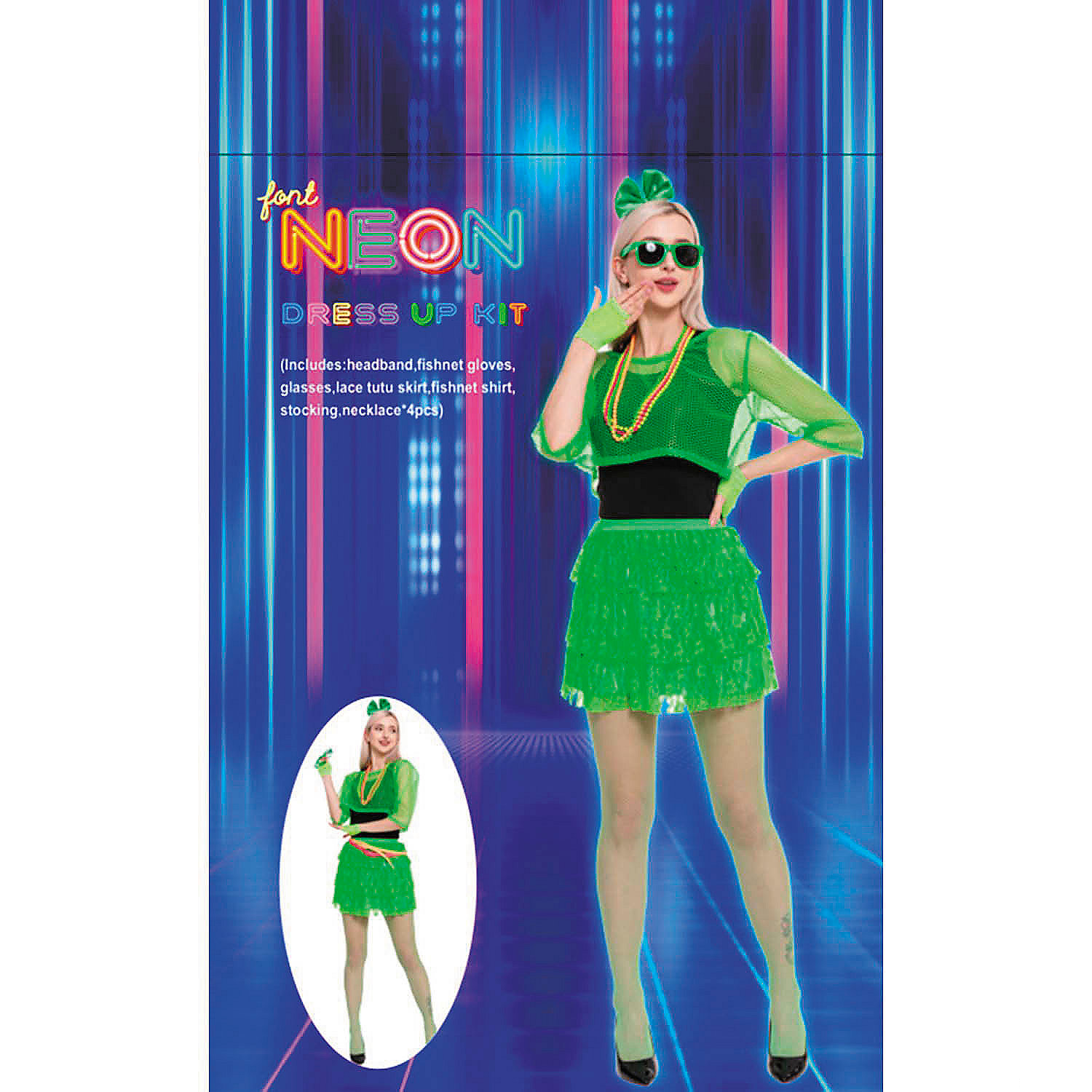 Adults Neon Green 80's Outfit Costume Accessory Kit - 11 Pc.