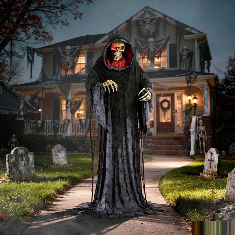6 Ft. 9" Animated Light-Up Rising Skeleton Reaper in Hooded Cloak Halloween Decoration