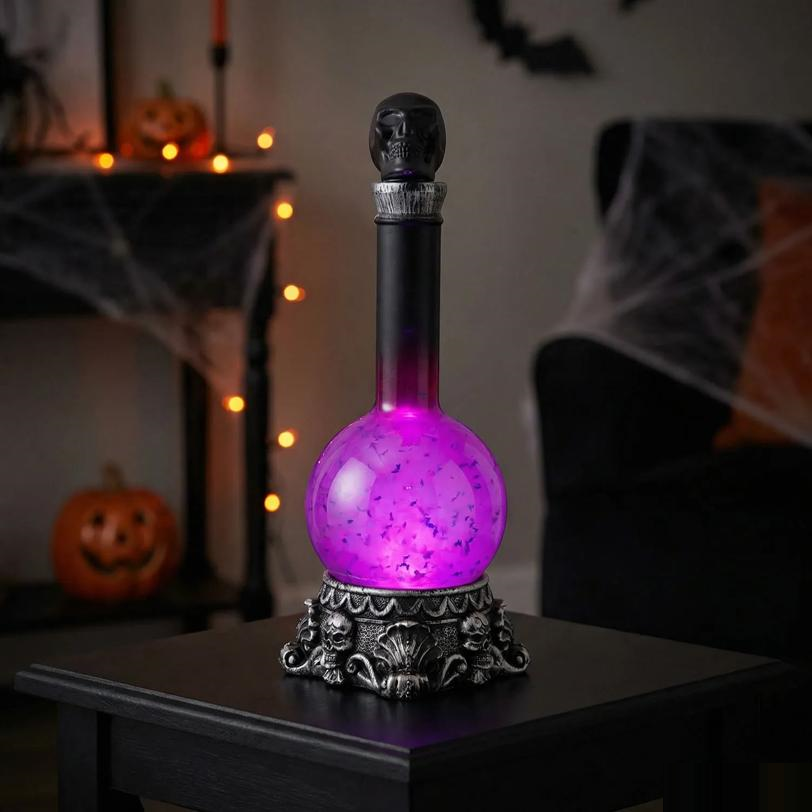 11" Light-Up LED Purple Potion Bottle with Skulls Halloween Decoration