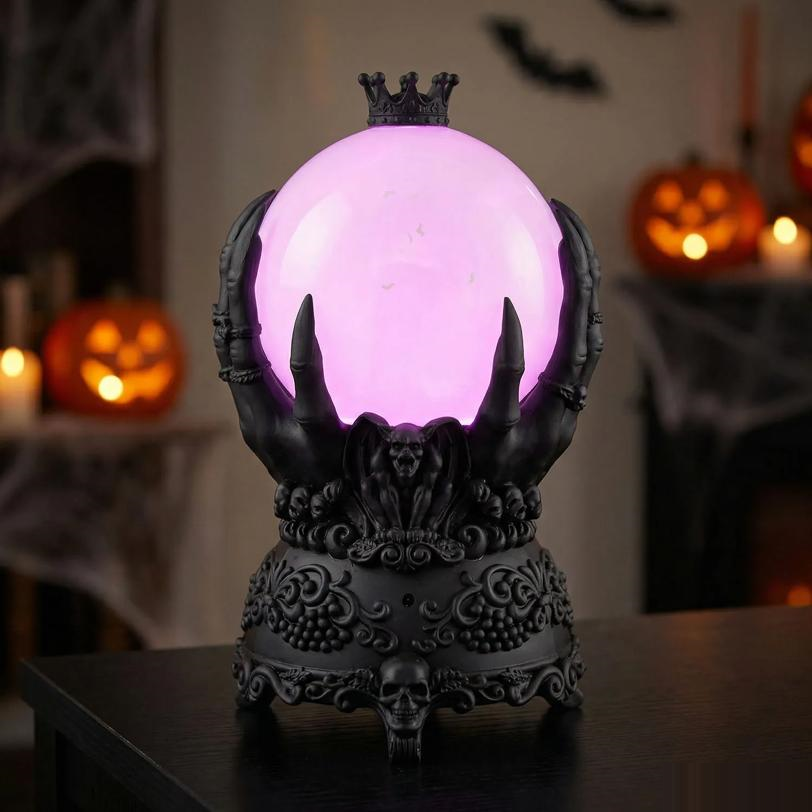 9" Light-Up LED Purple Crystal Ball with Bats Halloween Decoration