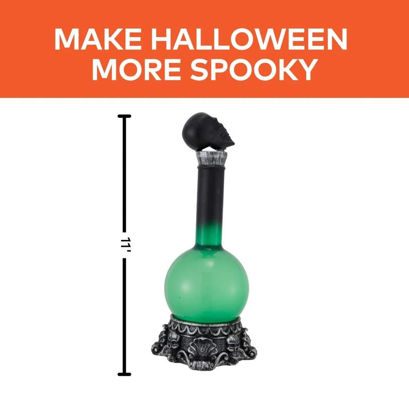 11" Light-Up LED Green Potion Bottle with Skulls Halloween Decoration