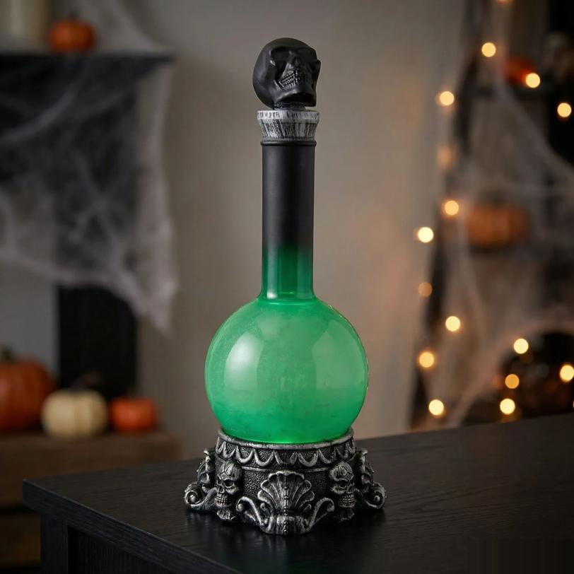 11" Light-Up LED Green Potion Bottle with Skulls Halloween Decoration