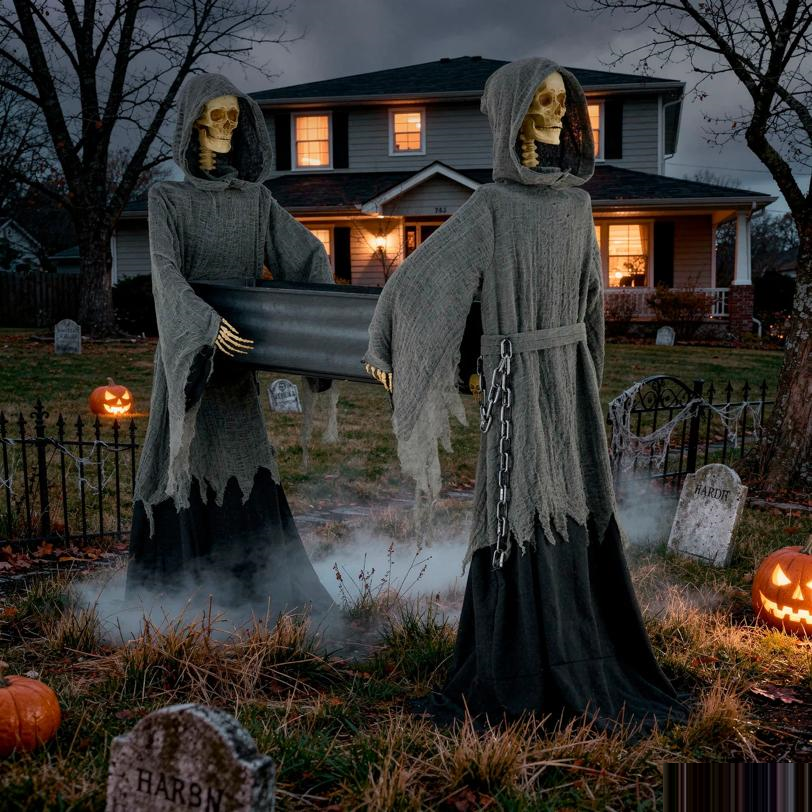 5 Ft. Two Skeleton Reapers Carrying a Coffin Halloween Decoration