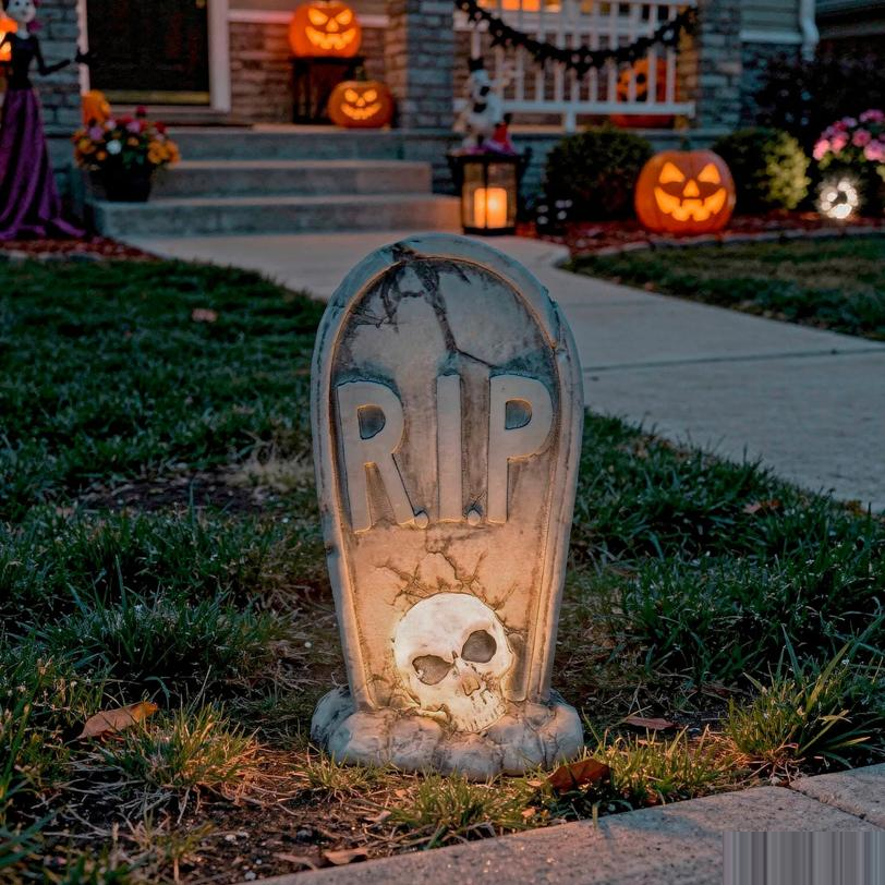 11" Light-Up LED Tombstone with Skull Blow Mold Halloween Decoration
