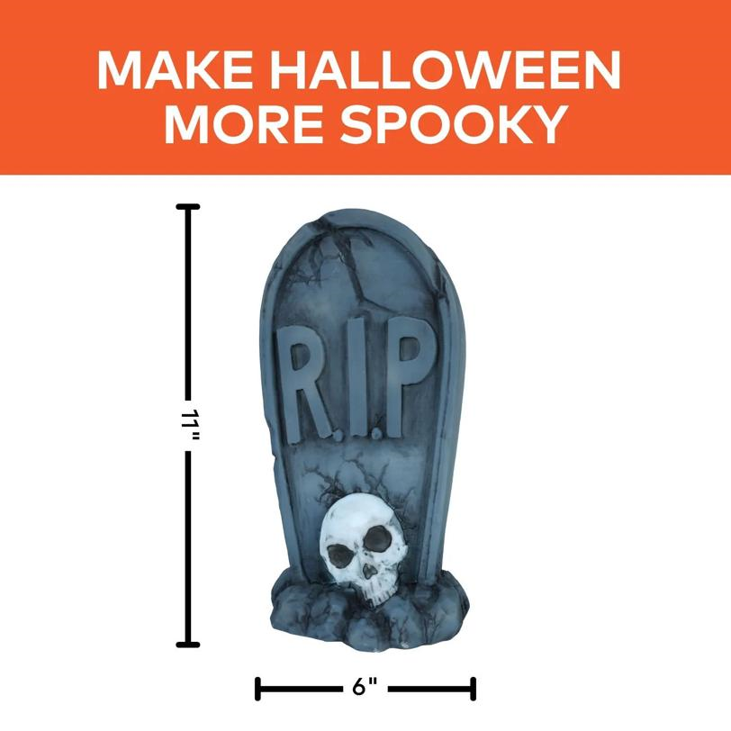 11" Light-Up LED Tombstone with Skull Blow Mold Halloween Decoration