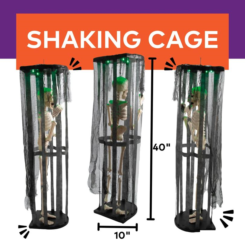 40" Animated Light-Up Skeleton in a Shaking Cage Halloween Decoration