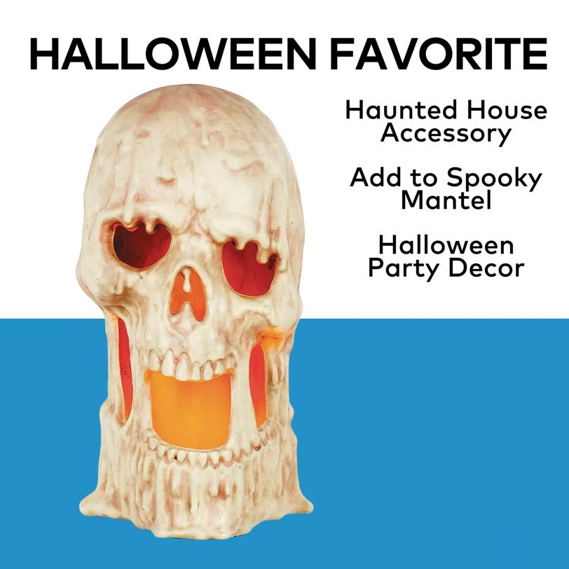 Light-Up Flaming Large Plastic Skull Halloween Tabletop Decoration, 20" x 10 3/4"