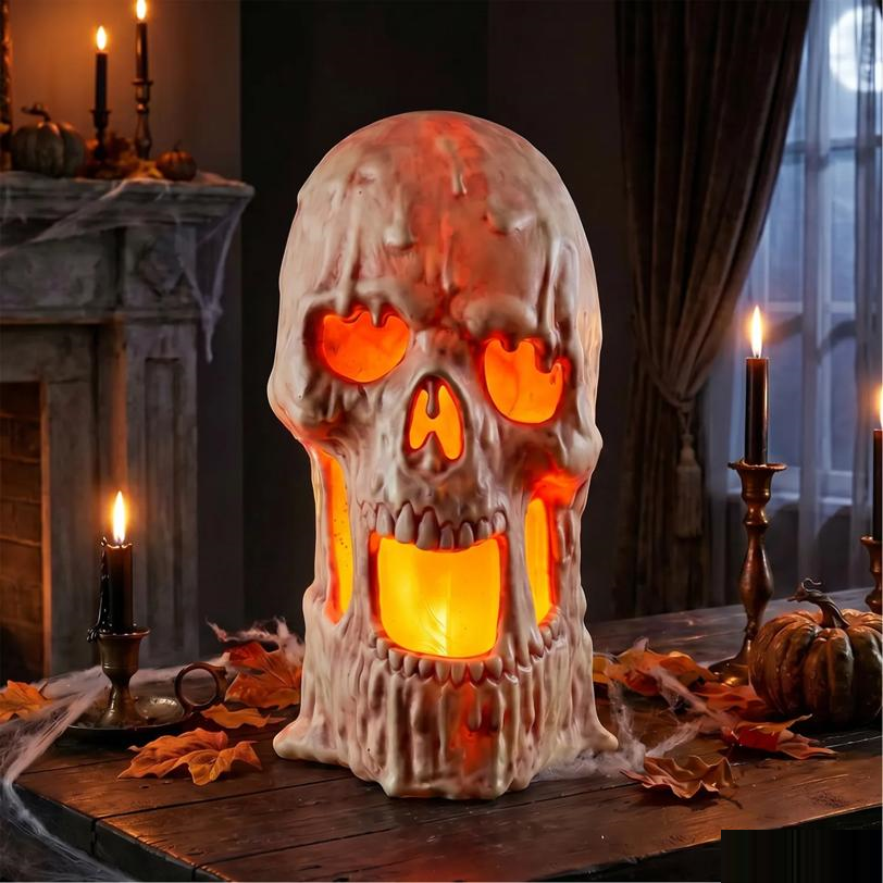 Light-Up Flaming Large Plastic Skull Halloween Tabletop Decoration, 20" x 10 3/4"