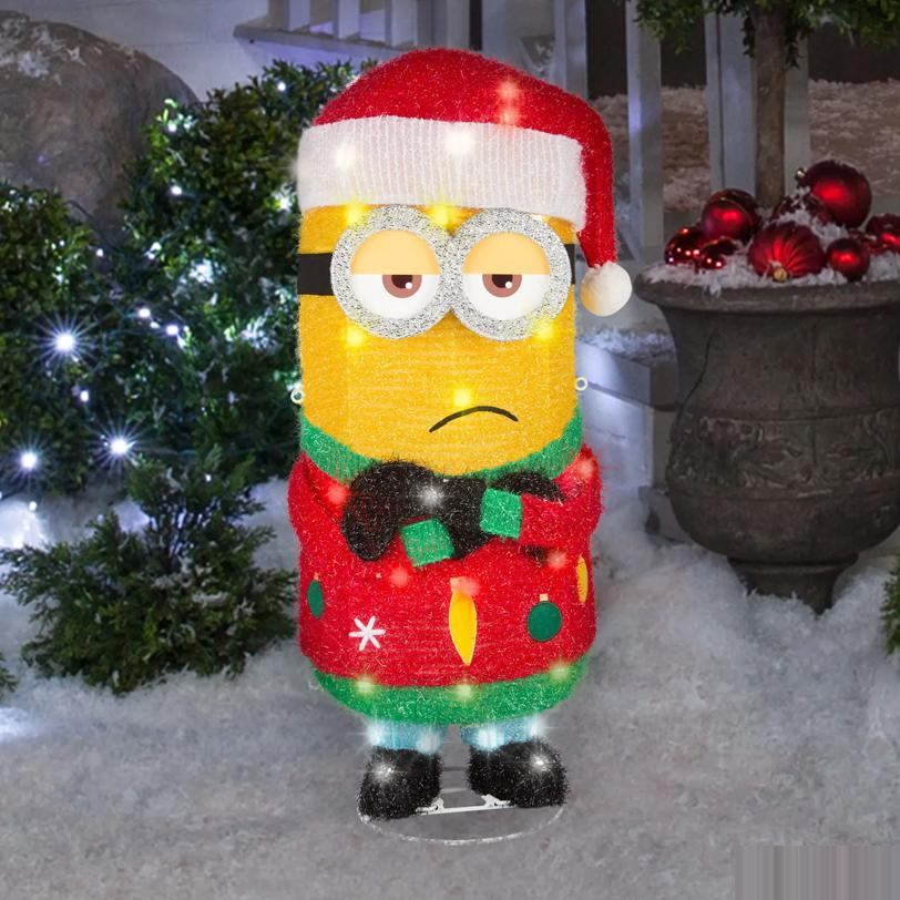 29" Light-Up Minions Kevin in Santa Hat 3D Holiday Tinsel Sculpture Christmas Yard Decoration