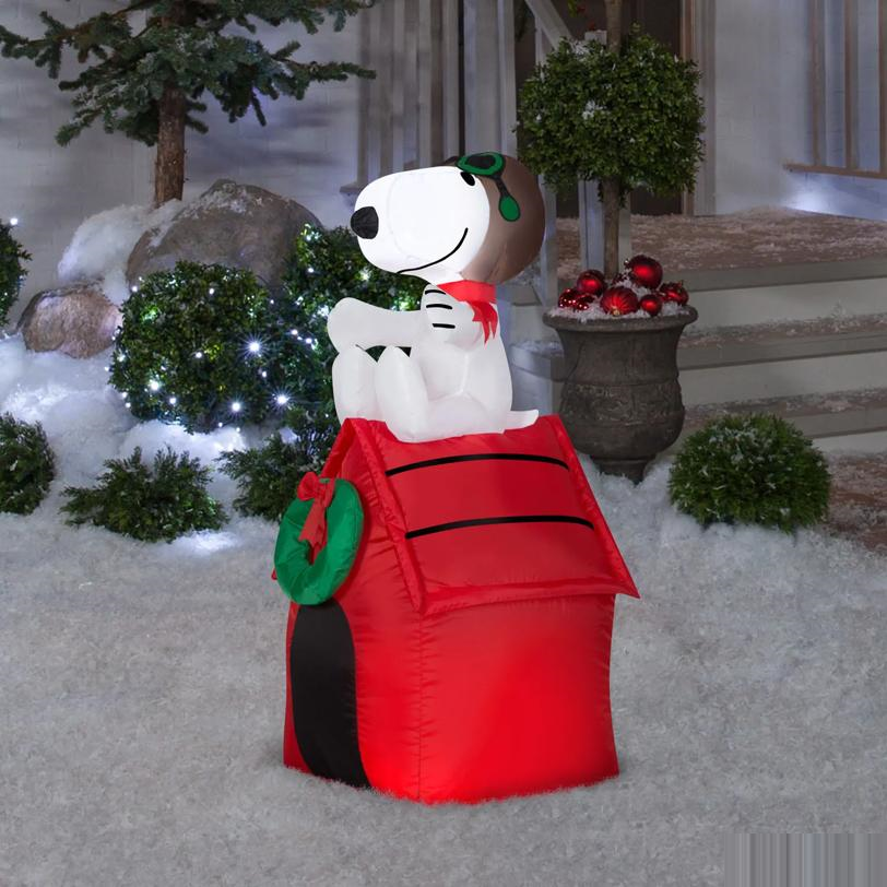 42" Airblown Inflatable Peanuts Christmas Snoopy Flying Ace on Doghouse Outdoor Yard Decoration