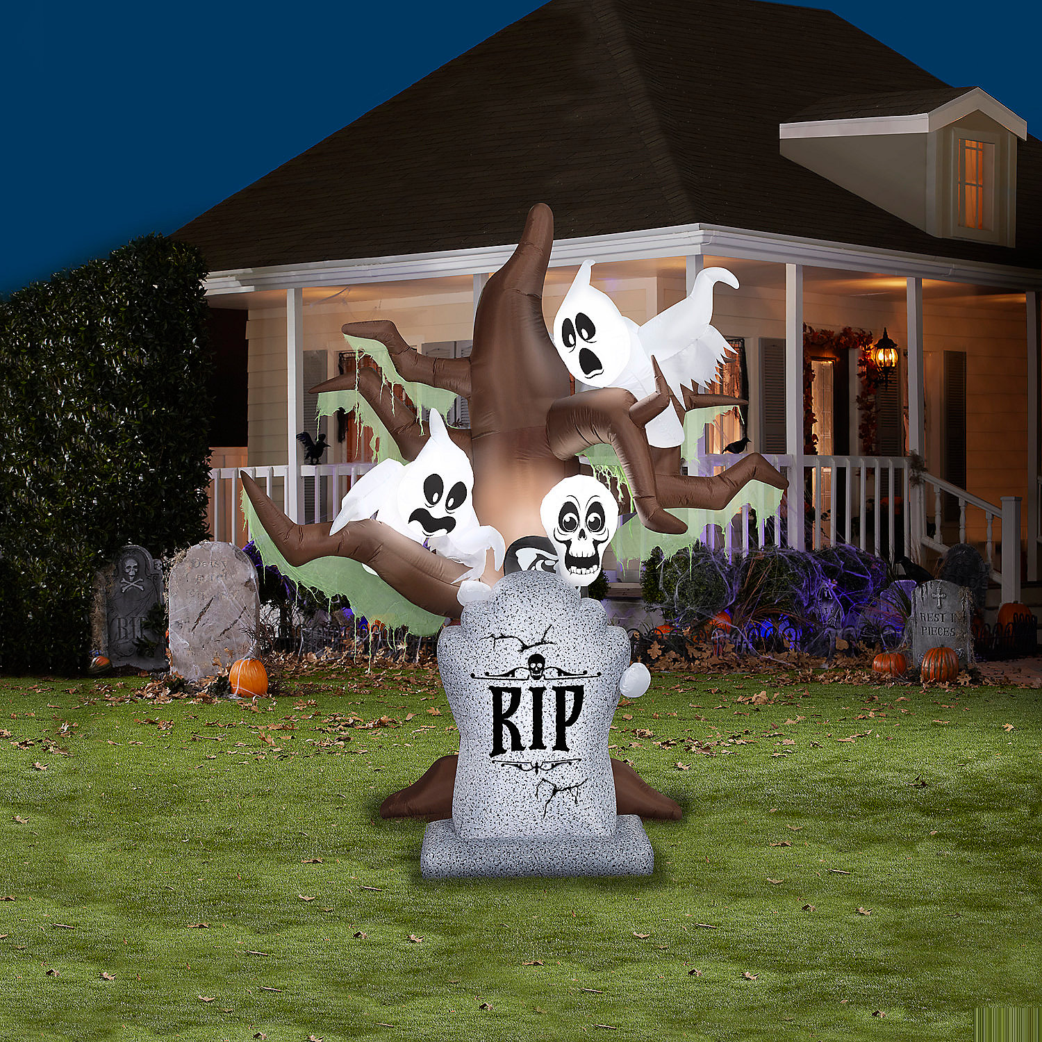8 Ft. Airblown Blowup Inflatable Tombstone with Haunted Ghost Tree ShortCircuit Lightshow Halloween Outdoor Yard Decoration