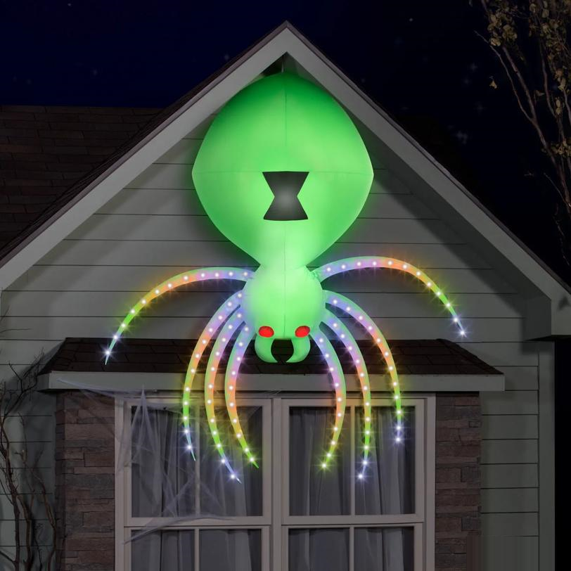 9 Ft. 5" Airblown Inflatable Light-Up Rainbow Wave Lightshow Green Spider Halloween Decoration
