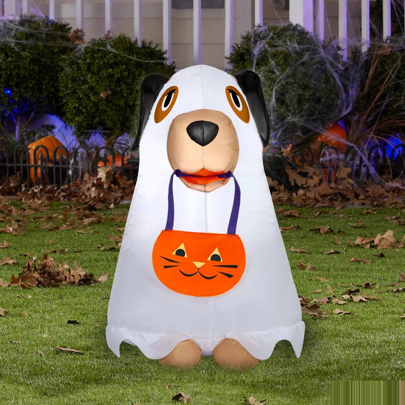 35" Airblown Inflatable Light-Up Ghost Dog with Jack-O'-Lantern Treat Bag Halloween Decoration