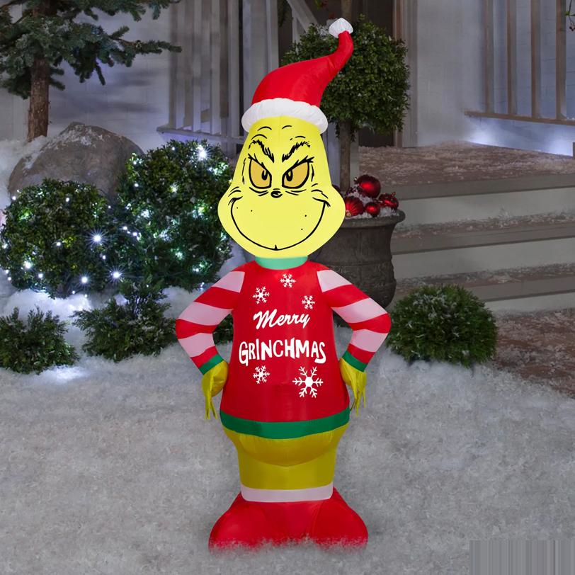 4 Ft. Airblown Blowup Inflatable Grinch with Merry Grinchmas Ugly Sweater & Built-In Lights Christmas Outdoor Yard Decoration
