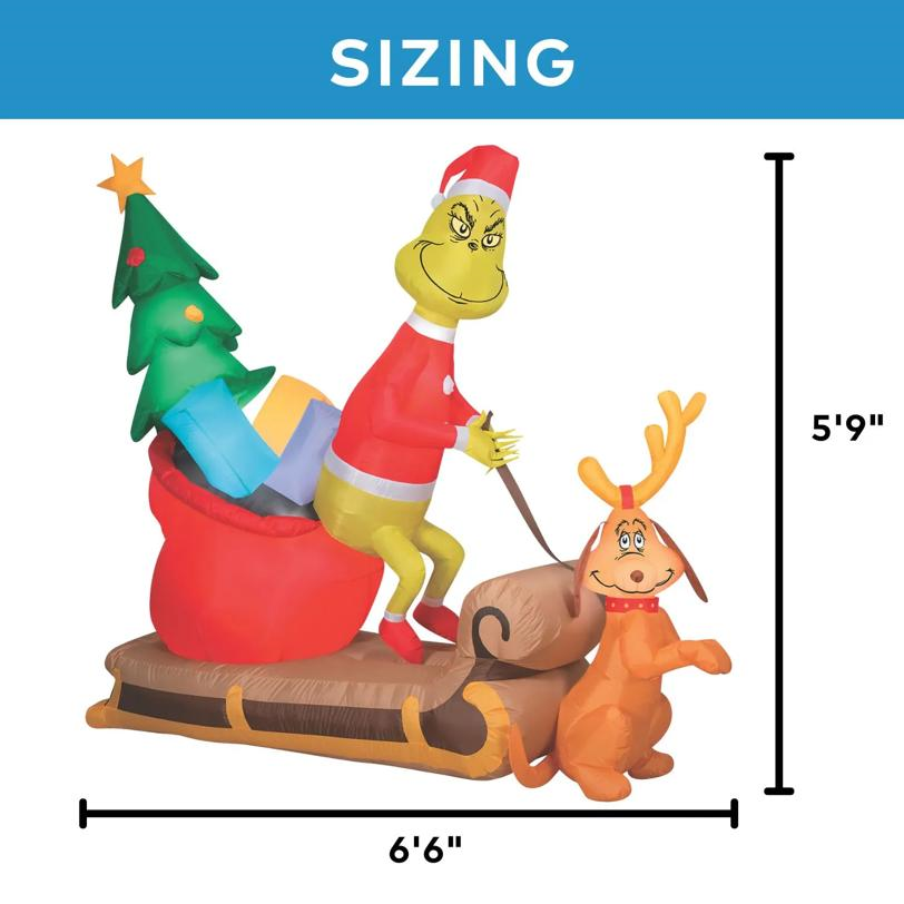 Airblown Grinch and Max With Sleigh 78" Inflatable Christmas Outdoor Yard Decor