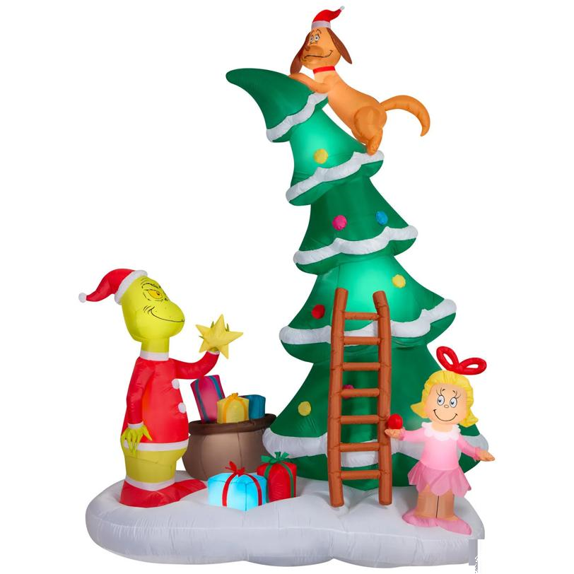 Airblown Inflatable Light-Up Dr. Seuss Grinch with Cindy Lou & Max on Christmas Tree