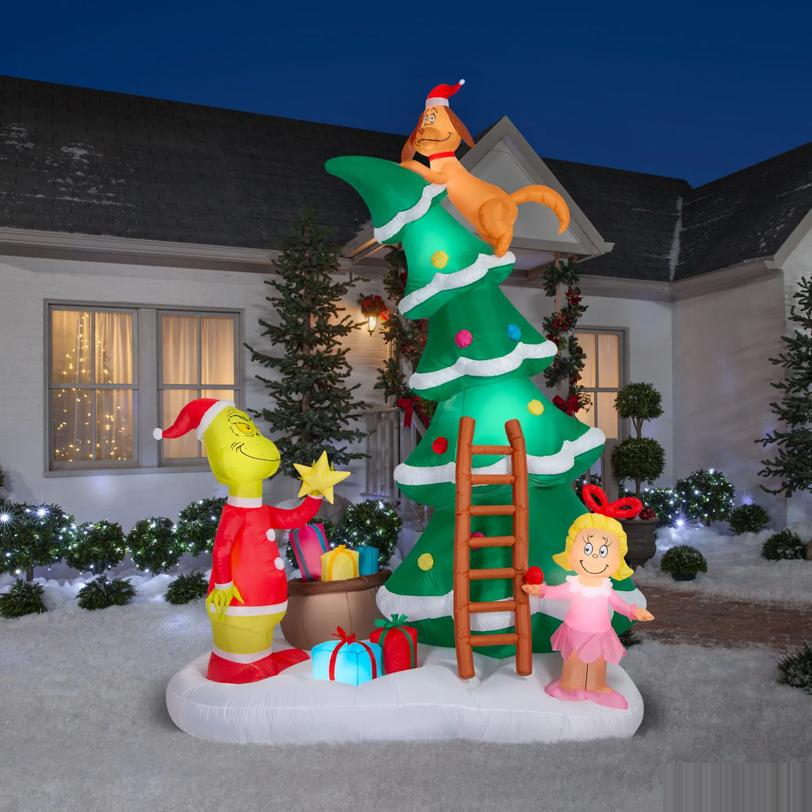 Airblown Inflatable Light-Up Dr. Seuss Grinch with Cindy Lou & Max on Christmas Tree
