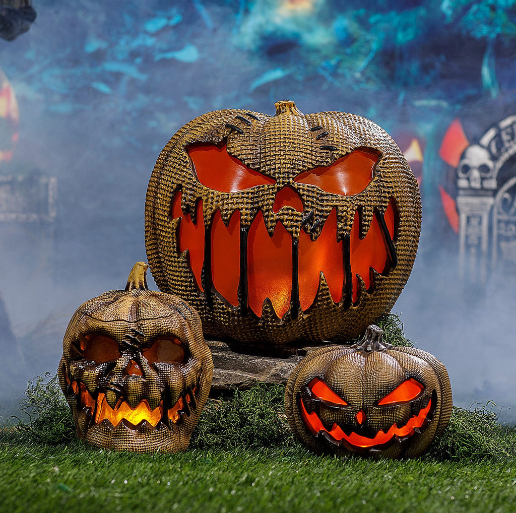 Animated Flaming Burlap Pumpkin Halloween Decoration, 14"