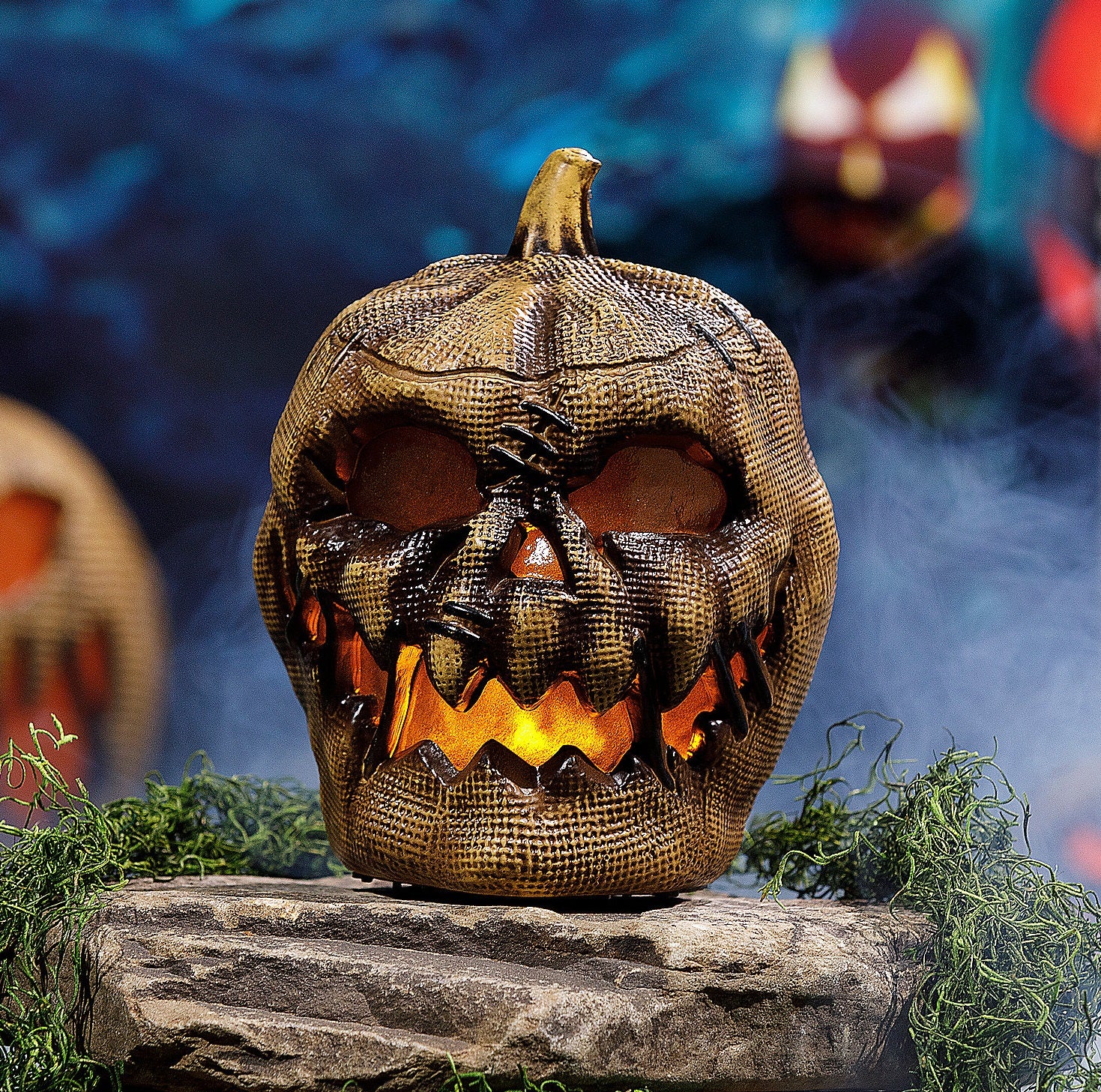 Animated Flaming Burlap Pumpkin Halloween Decoration 10"