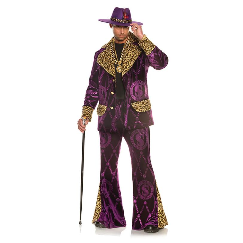 Adults Big Player Velvet Fur-Trimmed Jacket with Bell Bottom Pants & Hat - One Size