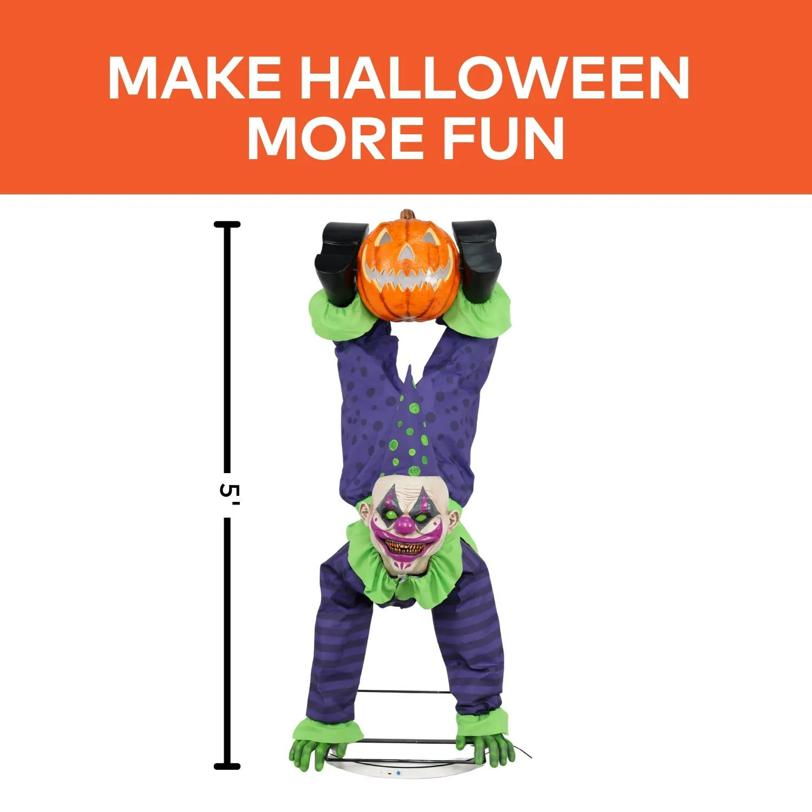 5 Ft. Animated Light-Up Upside-Down Clown with Jack-O'-Lantern Halloween Decoration