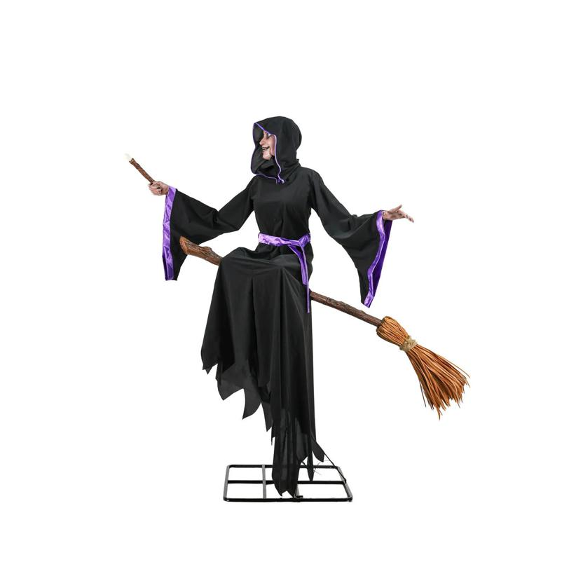 8 Ft. Animated Light-Up Hovering Witch with Broom & Wand Halloween Decoration