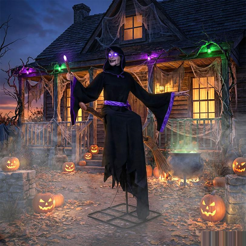 8 Ft. Animated Light-Up Hovering Witch with Broom & Wand Halloween Decoration