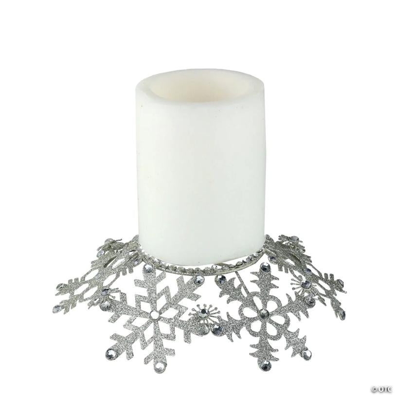 Melrose - 9" Silver Snowflake Glittered and Jeweled Christmas Pillar Candle Holder