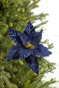 24" Midnight Blue Velvet with Glitter Center Poinsettia Stem